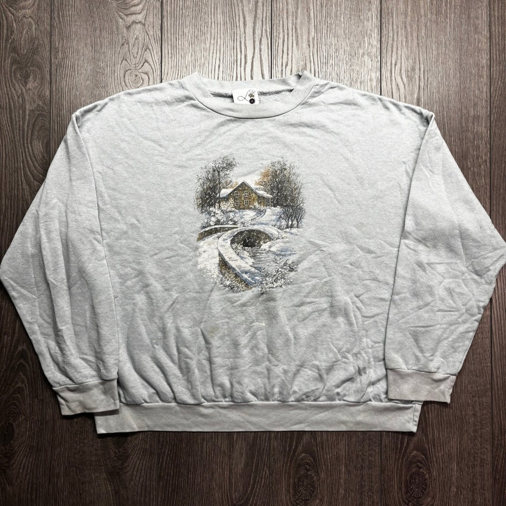 Vintage Jamie Winter Cabin Sweatshirt Light Blue Made in Canada Graphic Crewneck
